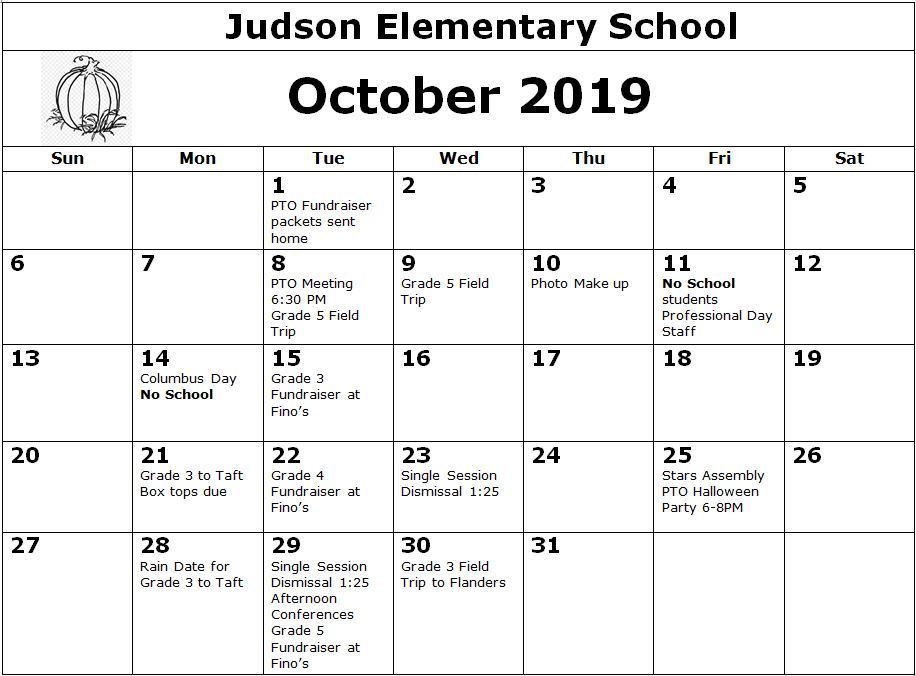 October Calendar for Judson Judson Elementary School