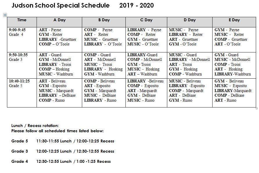 Judson Specials Schedule | Judson Elementary School